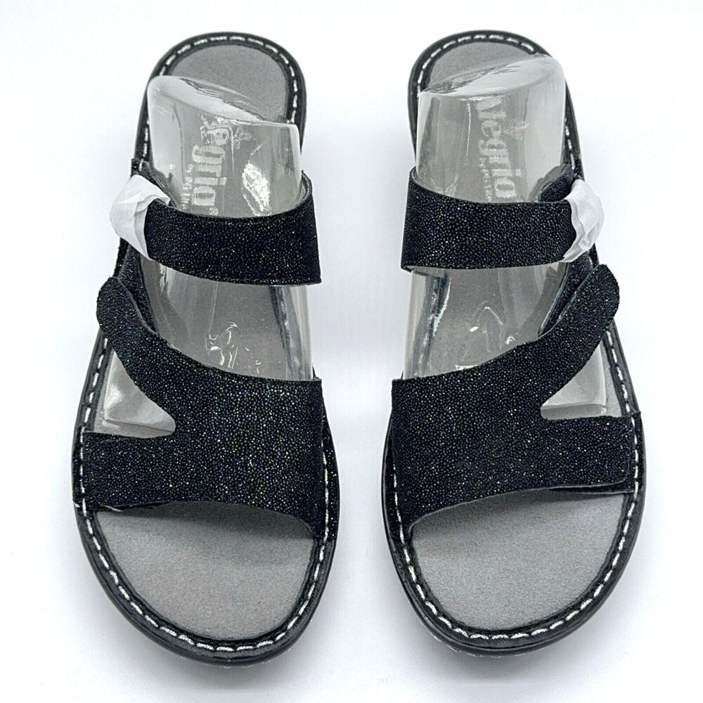 Alegria Sandals Loti Leather Triple Strap Wedge Glitteroti Black US 8 - 8.5 EU38